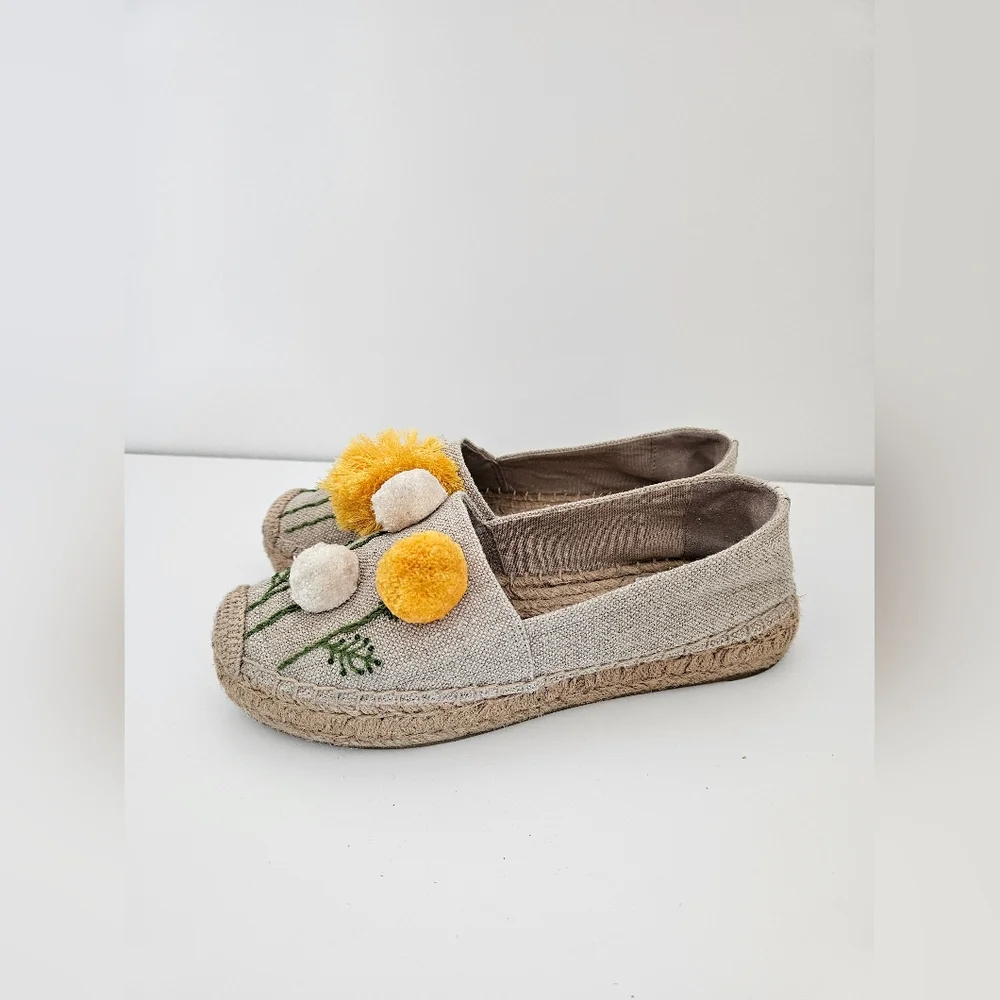 Tory Burch Ellis Pom-Pom Floral Espadrilles - Size 8 - 3D Mimosa Embroidery